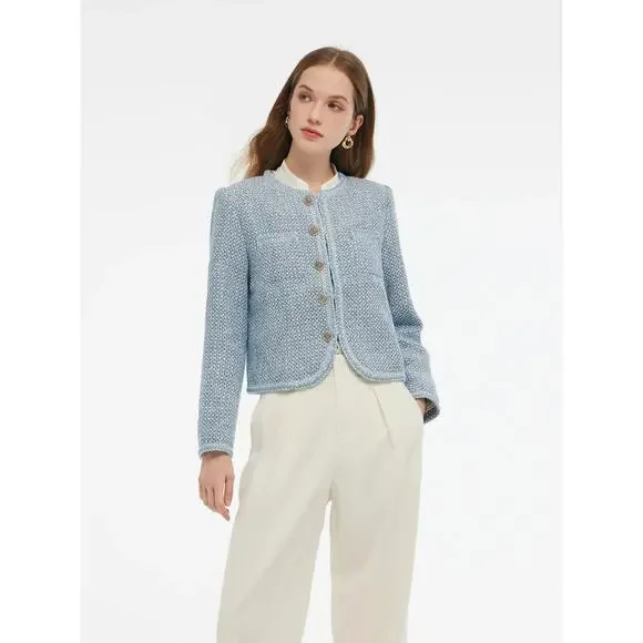 Goelia Tweed Round Neck Jacket Blue White Jacquard - Picture 4 of 13